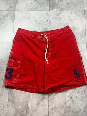 Polo Ralph Lauren Big Pony 3 Board Shorts Men's XL Red Cargo Swim Trunks Y2K